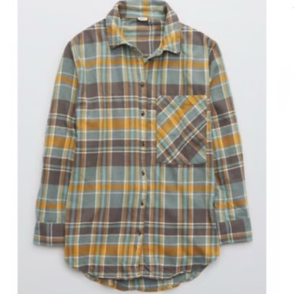 Aerie Anytime Favorite Flannel Gray Green Yellow Soft Multicolor Plaid Shirt